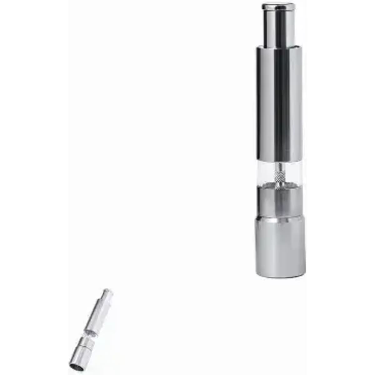 A drink bottle with a sleek silver design and a detachable top section. It features a logo on its body.