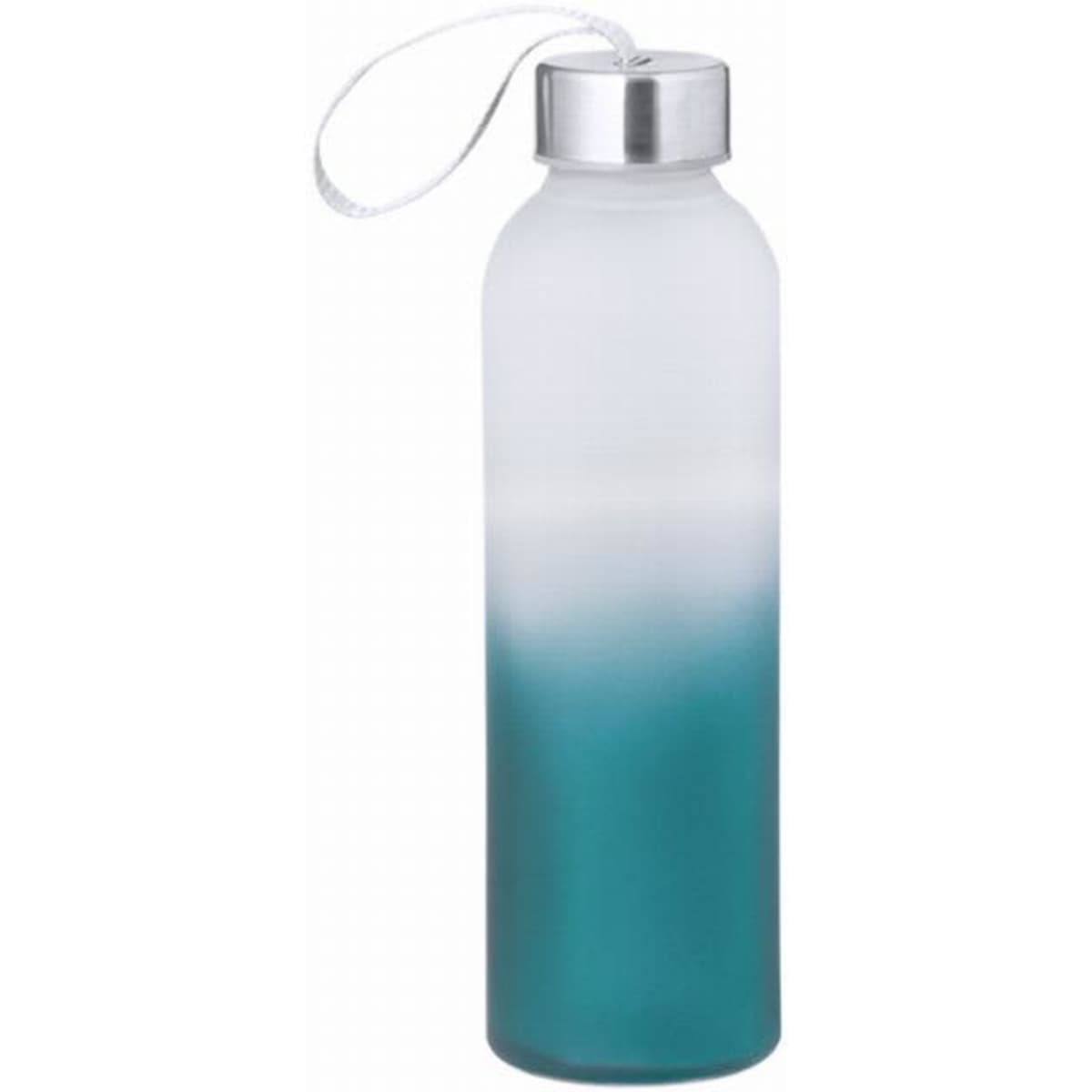 A drink bottle featuring a frosted white and teal gradient, with a metal cap and a looped strap.