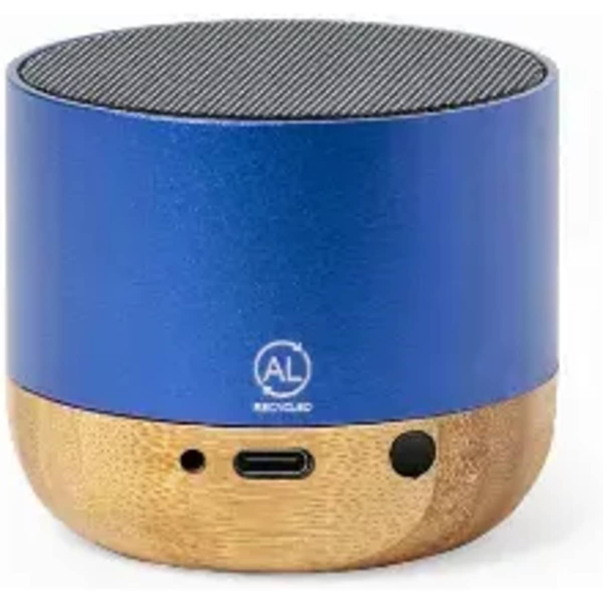 A Bluetooth speaker with a blue metallic top and a wooden base, featuring a logo on the front.