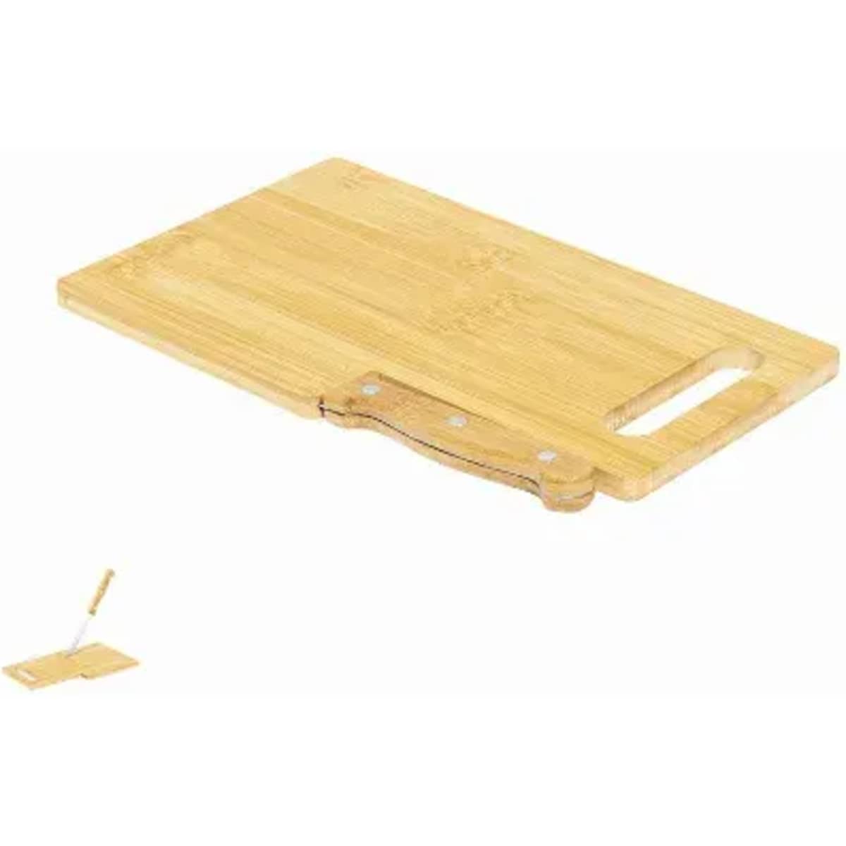 A wooden cutting board in a light bamboo finish, featuring a handle and a small notch for ease of use.