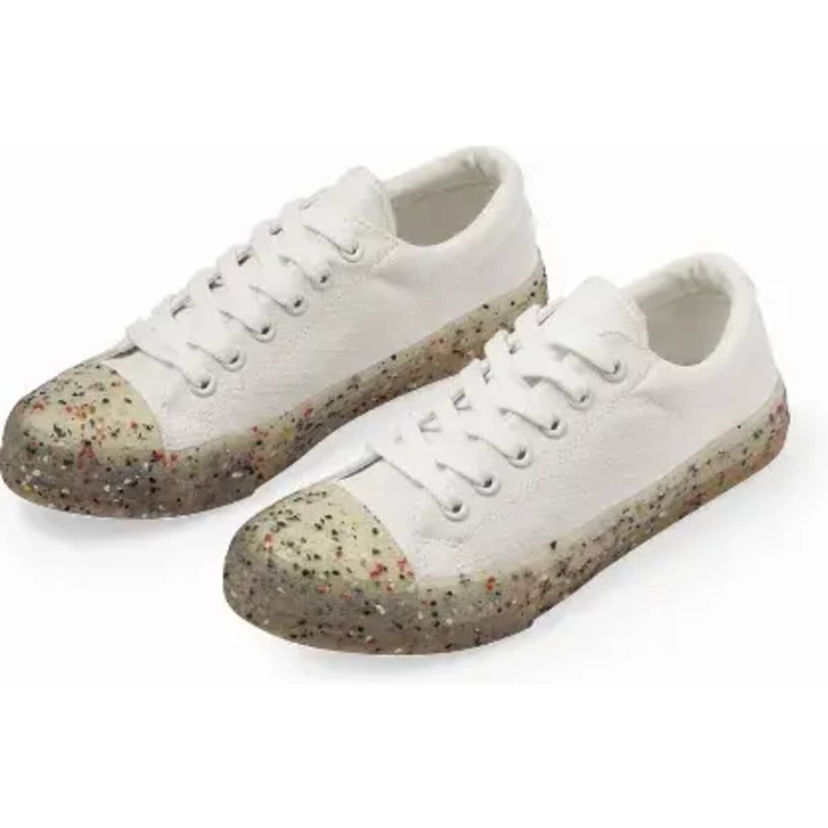A pair of white sneakers with a speckled rubber sole, featuring a rounded toe and lace-up design.