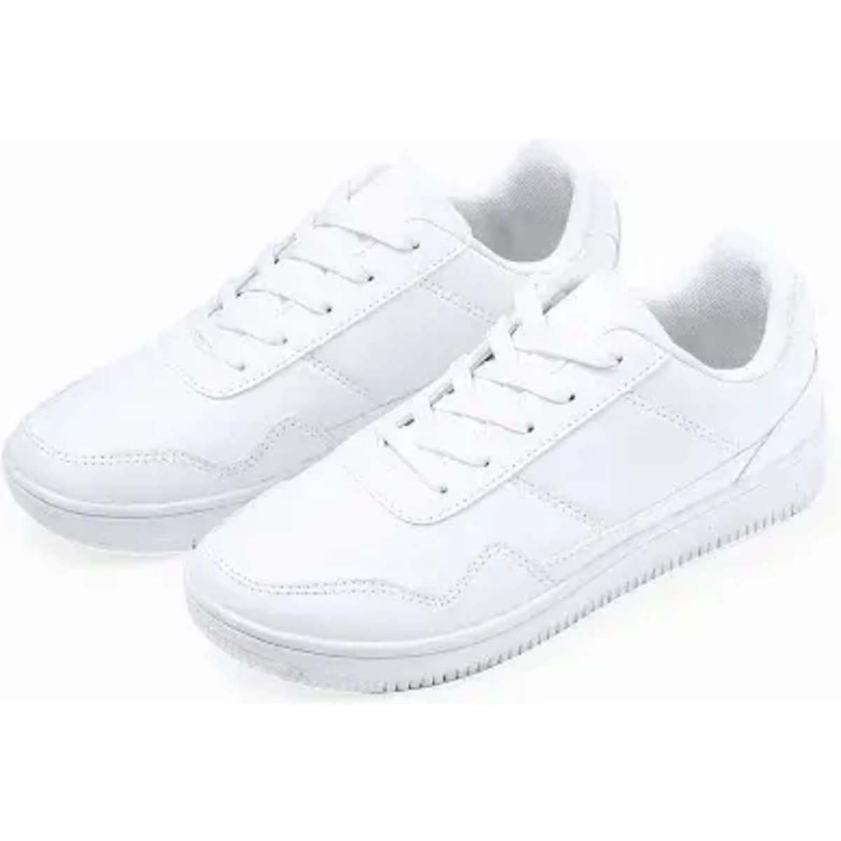 A pair of white sneakers with a classic design featuring laces and a rubber sole.