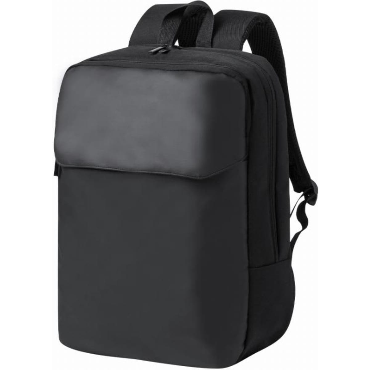 A black backpack with a sleek design, featuring a padded front flap and adjustable straps.