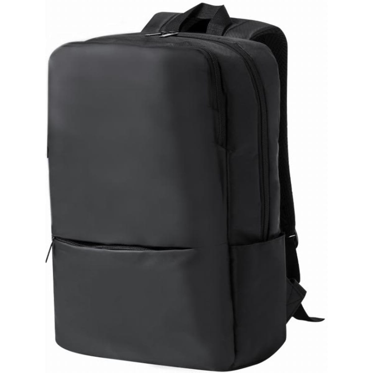 A black backpack with a sleek design and multiple compartments, featuring adjustable straps and a front pocket.