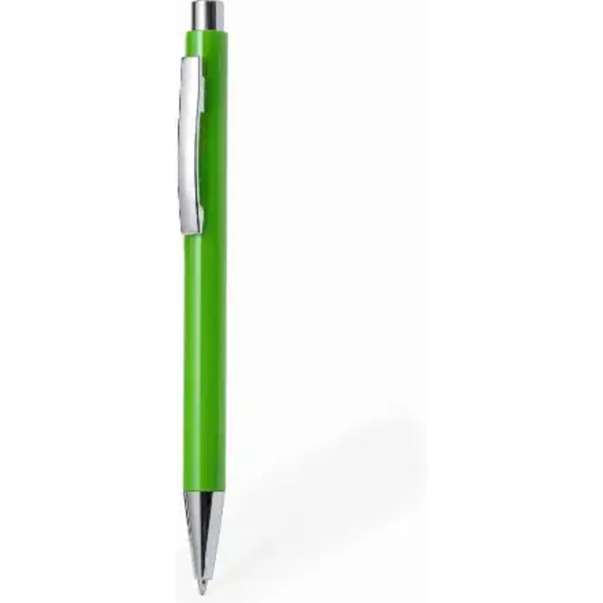 A green pen with a silver clip and a shiny silver tip. Features a sleek and simple design.
