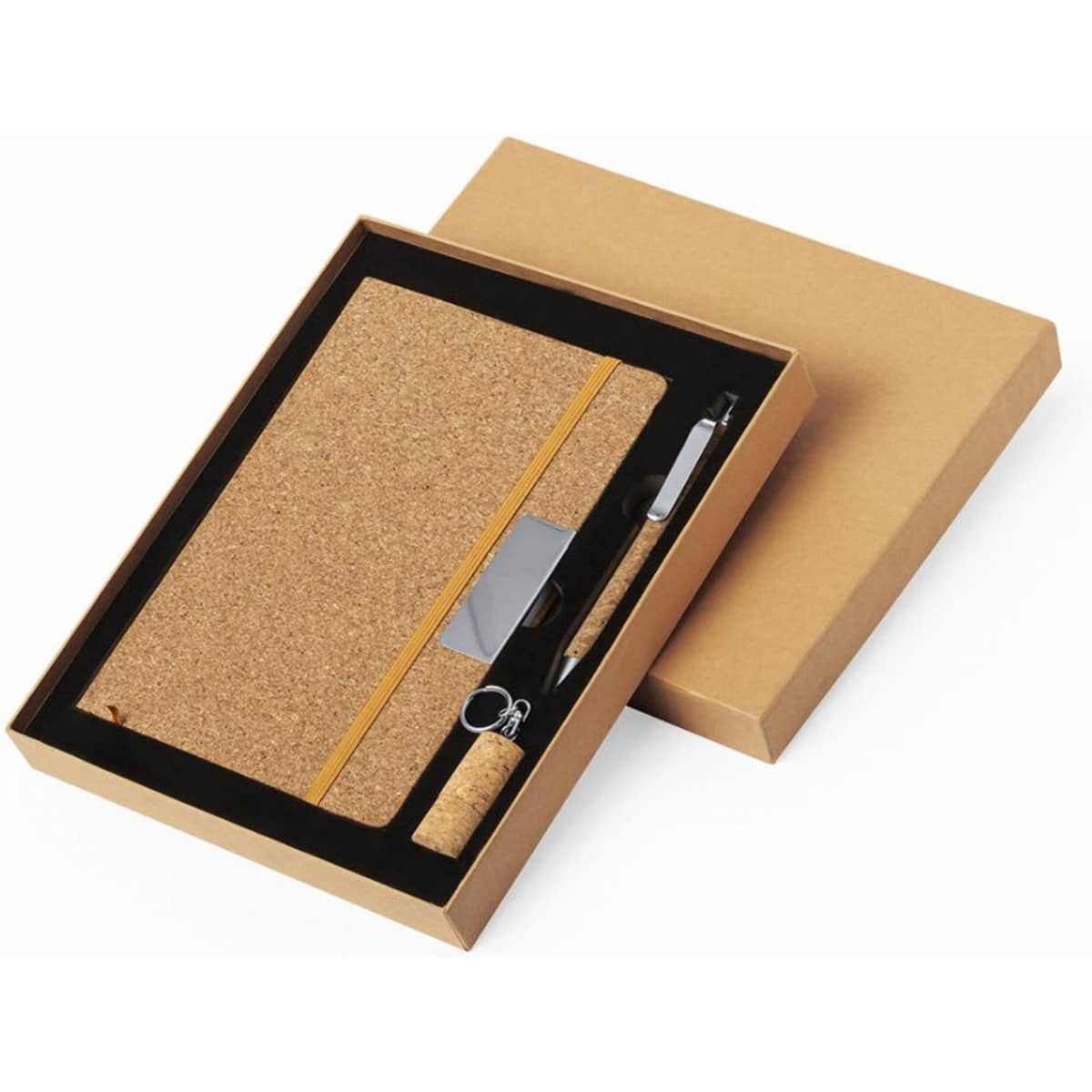 A gift set containing a cork notebook, pen, and a cork keychain in a brown box.