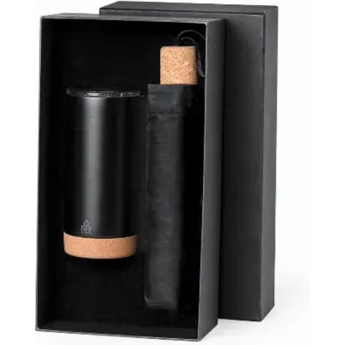 A drink bottle in a black gift box with a cork base and lid, featuring a sleek, minimalist design.