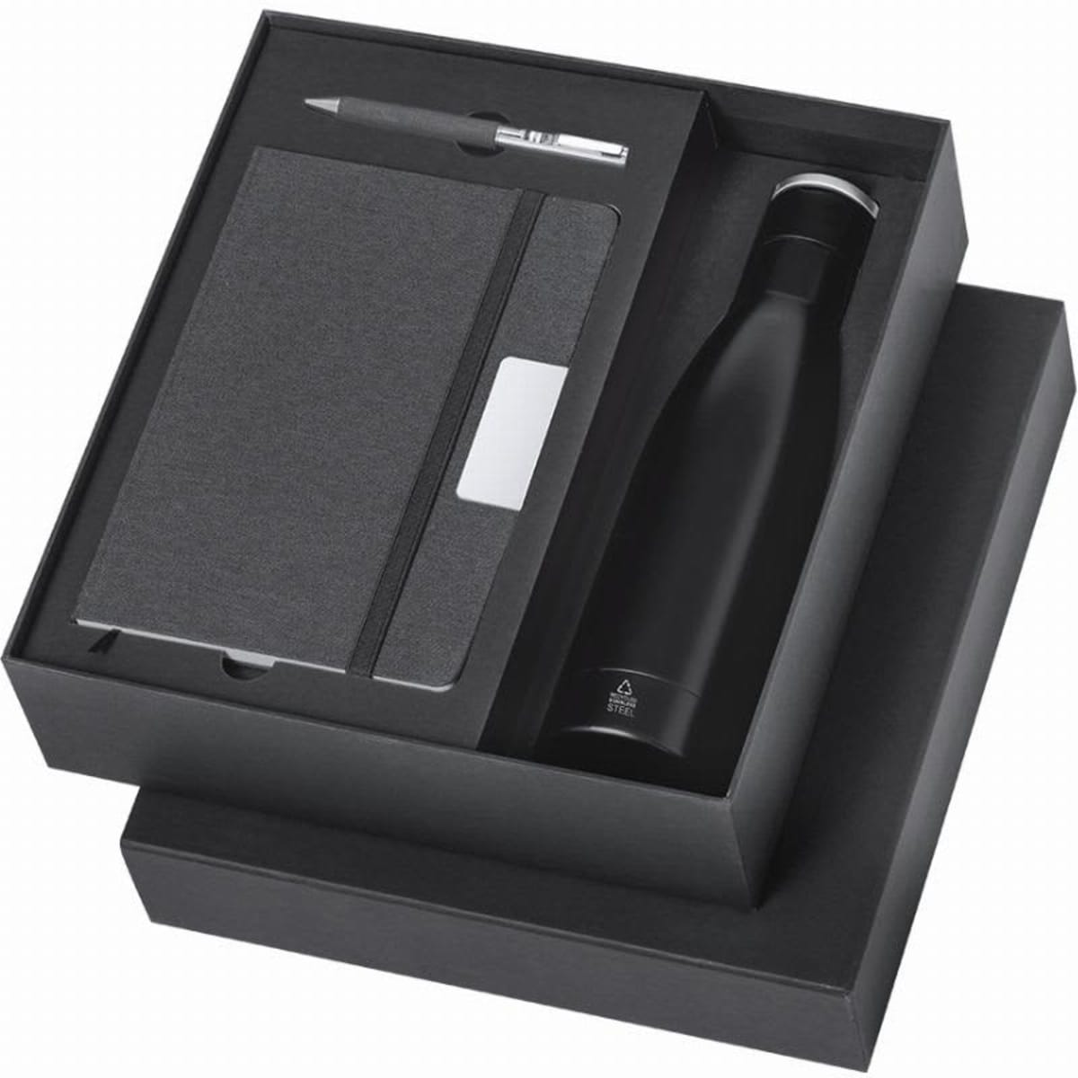 A drink bottle, notebook, and pen in a black presentation box. The bottle is sleek and has a silver lid.