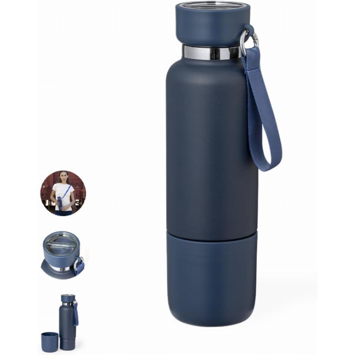 A drink bottle in navy blue with a silver accent, featuring a removable bottom section and a handle.