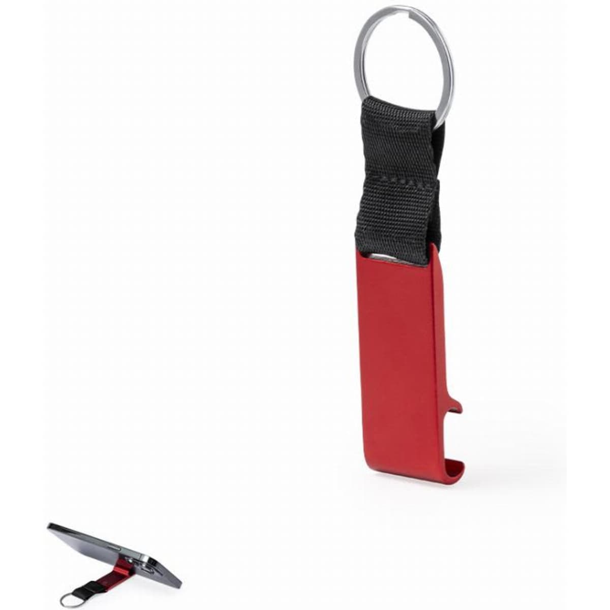 A red drink bottle opener with a black strap and a silver keyring attachment.