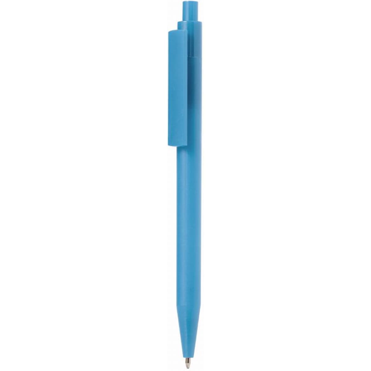 A blue pen with a clip and a tapered end, featuring a sleek, simple design.
