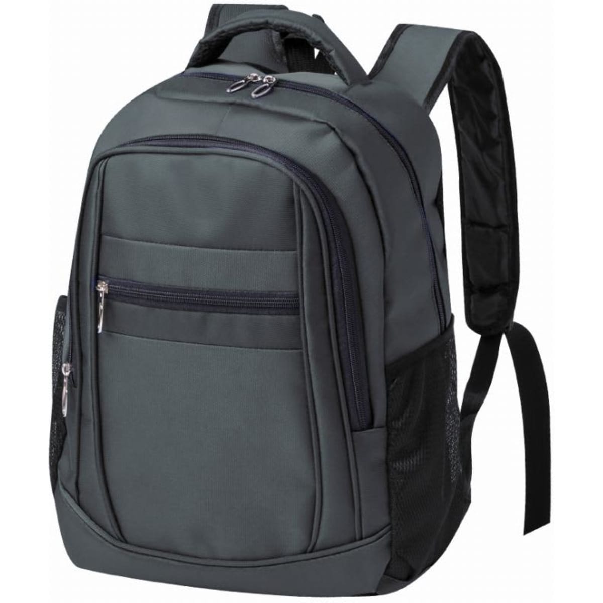 A grey backpack featuring multiple compartments and mesh side pockets, with padded shoulder straps.