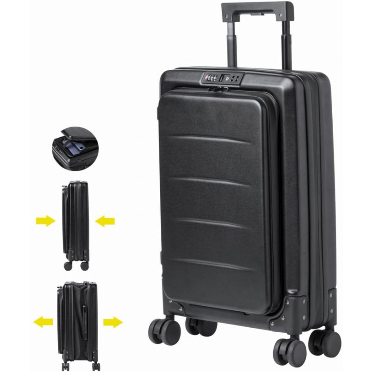 A black suitcase with a retractable handle and wheels, featuring a secure lock and a foldable design.
