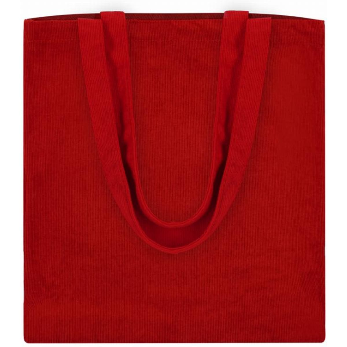 A red tote bag with two shoulder straps, featuring a large rectangular design.