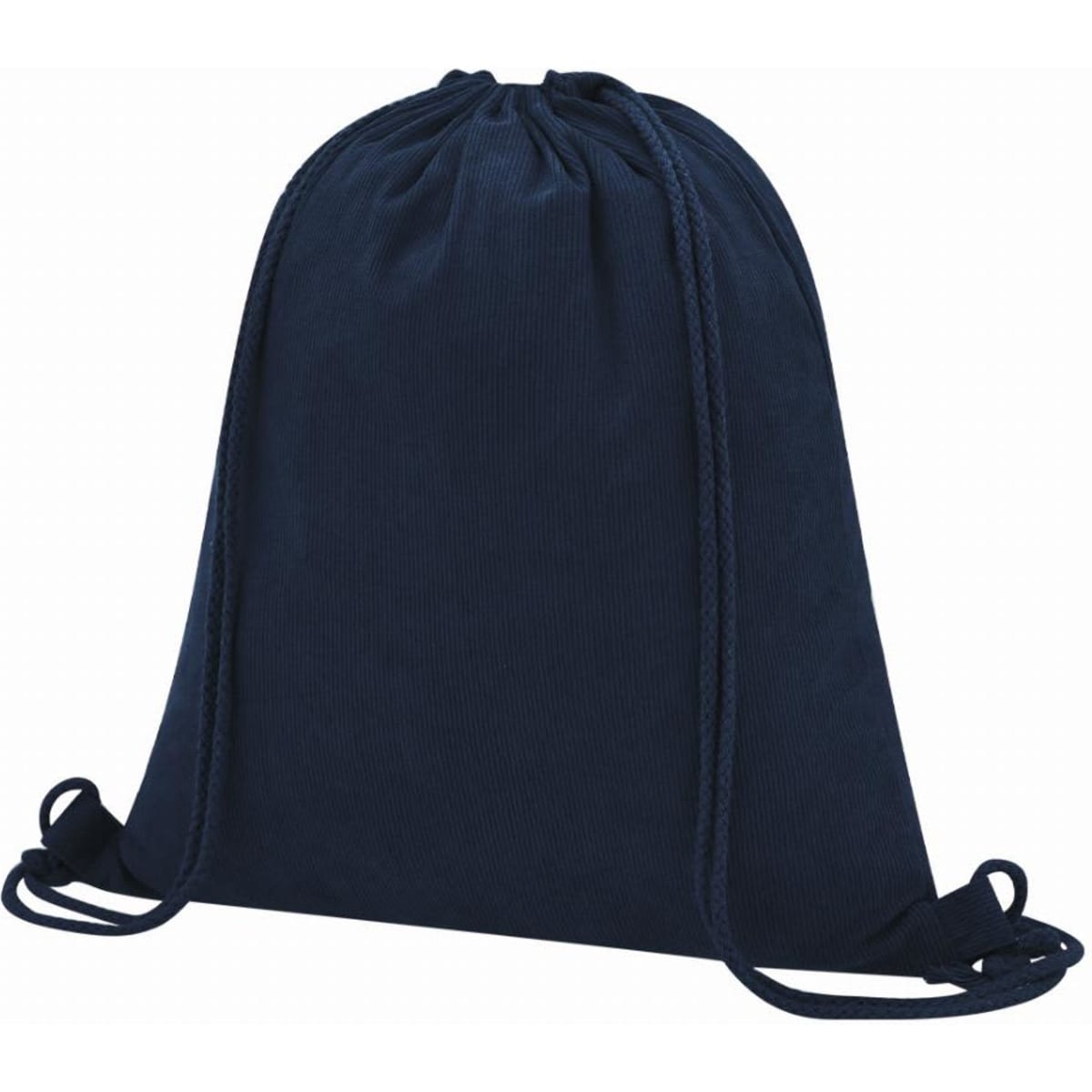 A drawstring bag in navy blue, featuring a simple design and matching drawstrings. The bag has a logo on it.