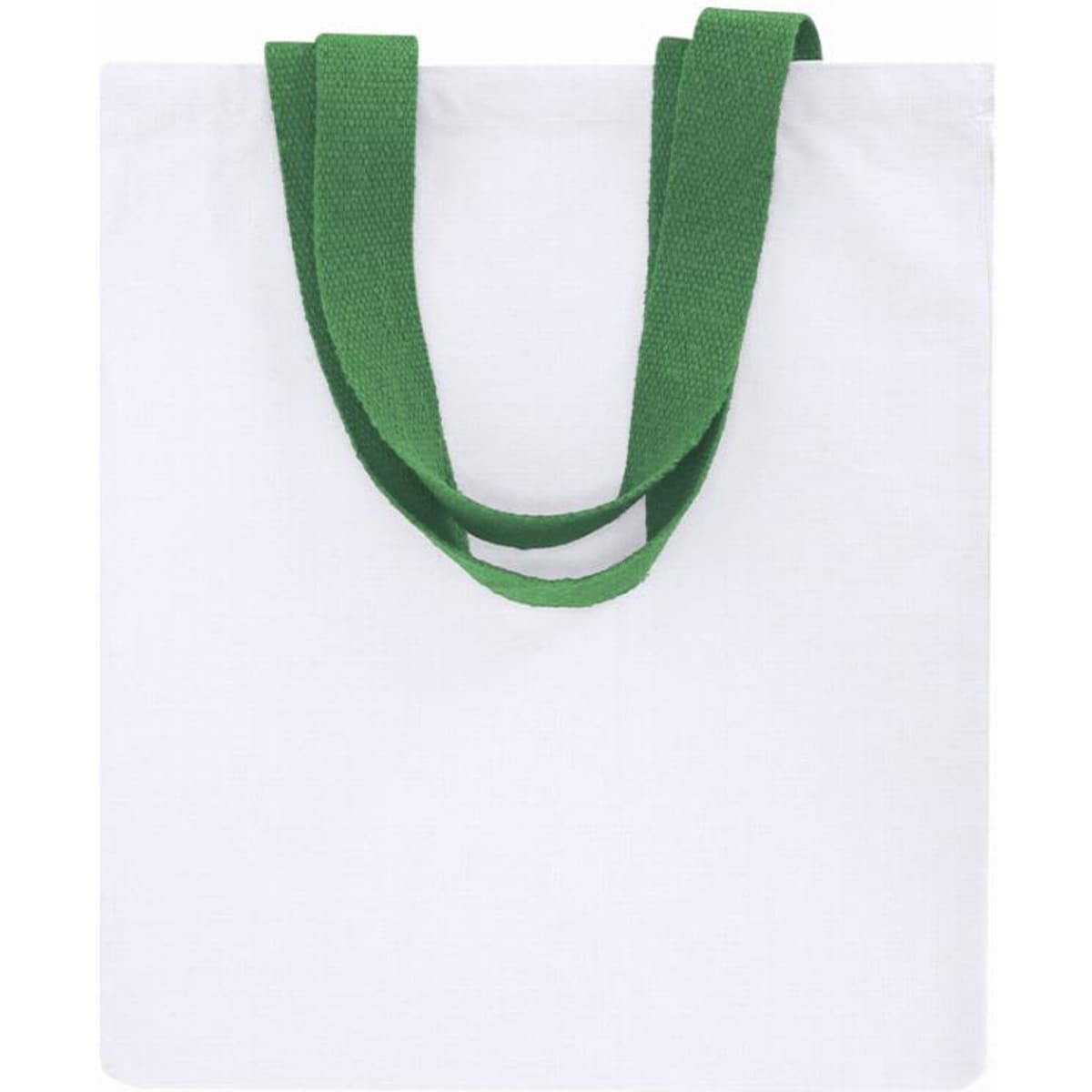 A reusable tote bag in white with green handles, featuring a simple design and no visible branding.