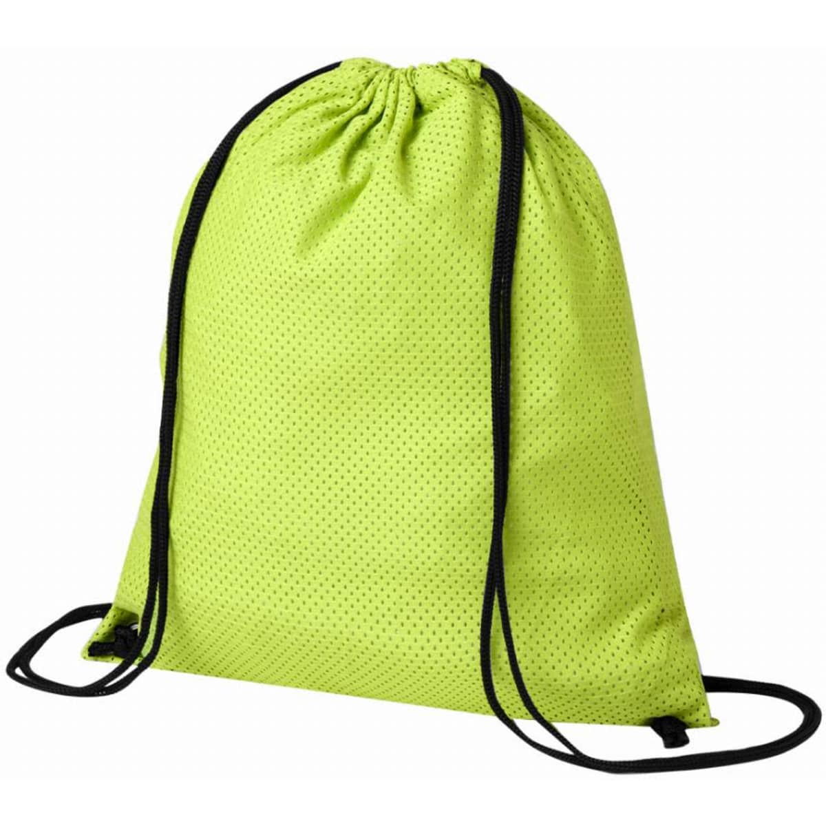 A drawstring bag in vibrant lime green with black straps, featuring a textured surface.