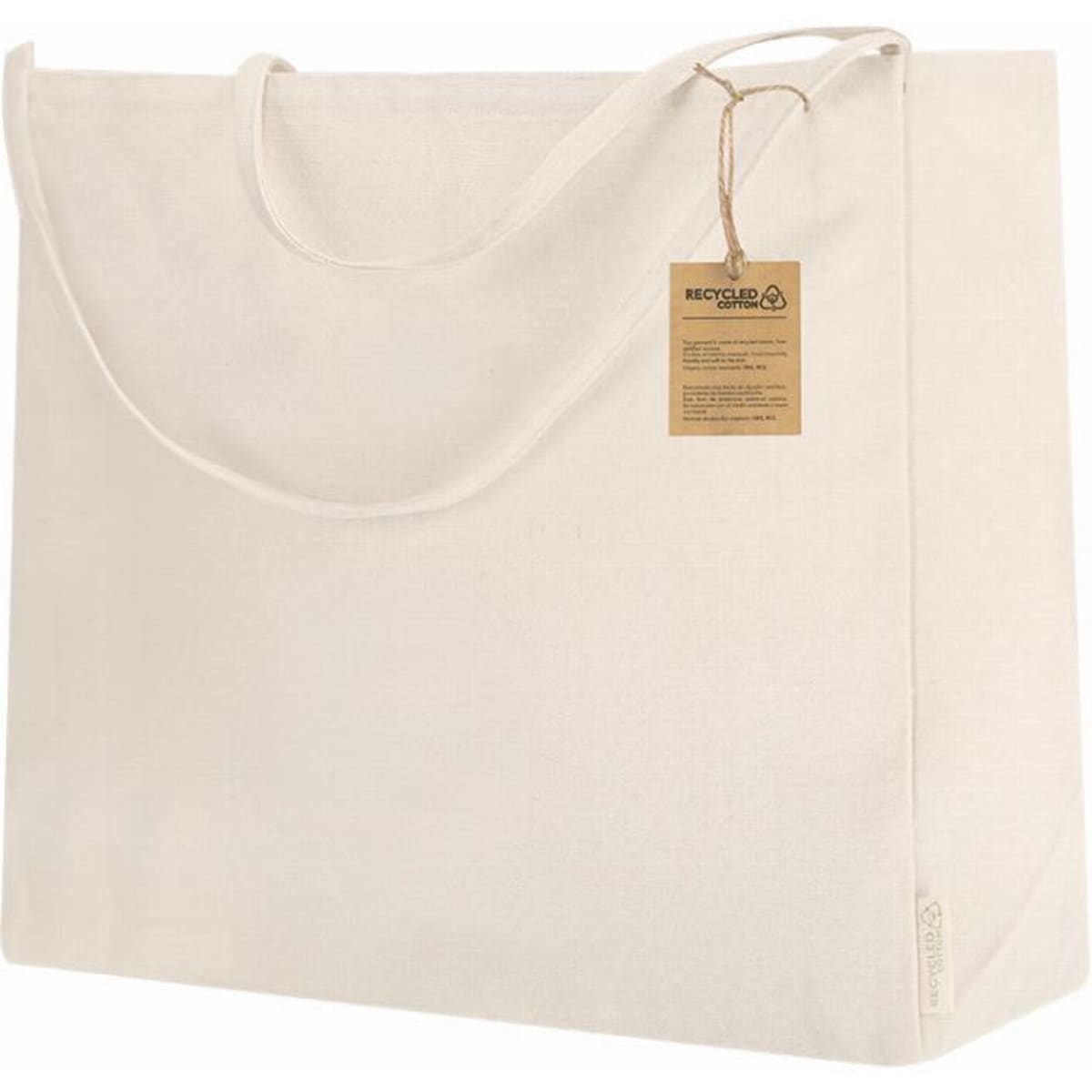 A tote bag in natural beige colour made from recycled materials, featuring handles and a tag.