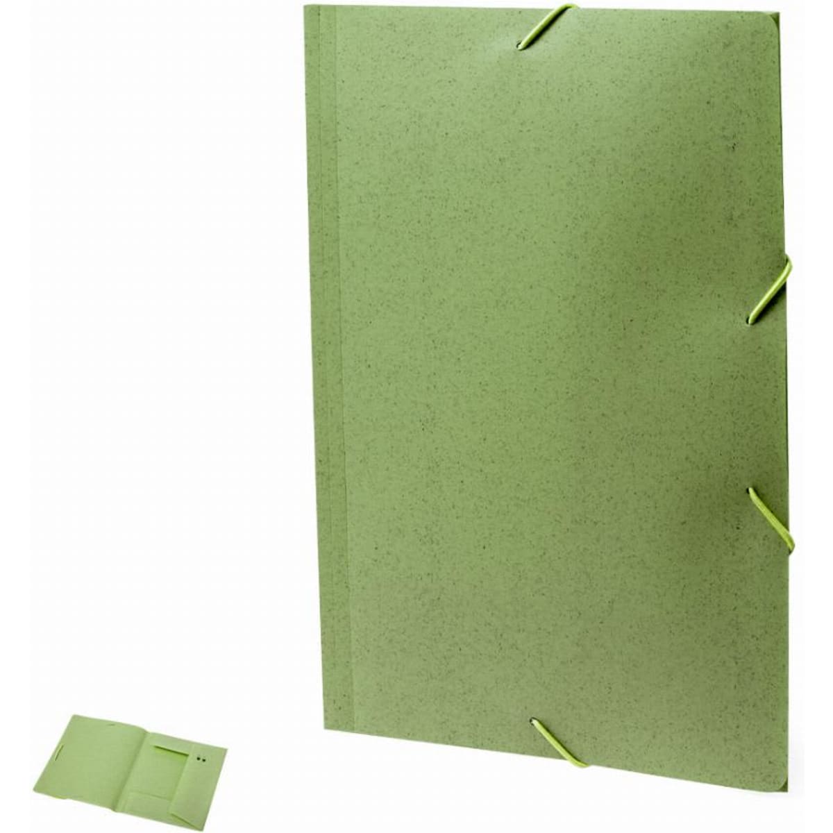 A green presentation folder with clips, alongside a matching smaller folder. The material has a speckled texture.