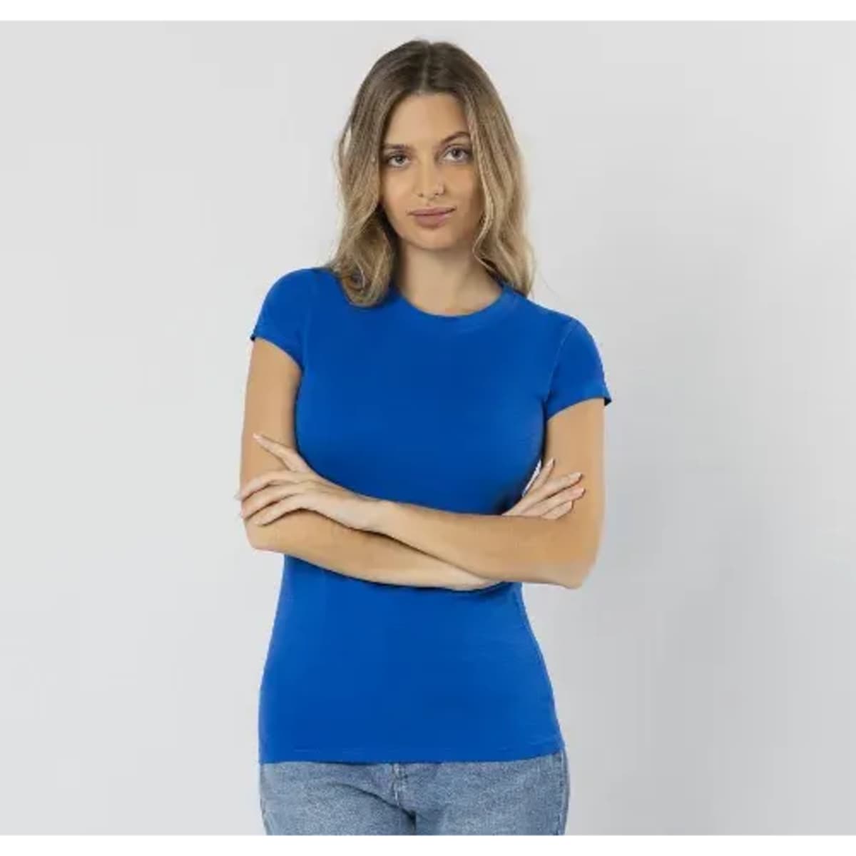 A blue women's t-shirt with short sleeves, featuring a fitted design and a logo.