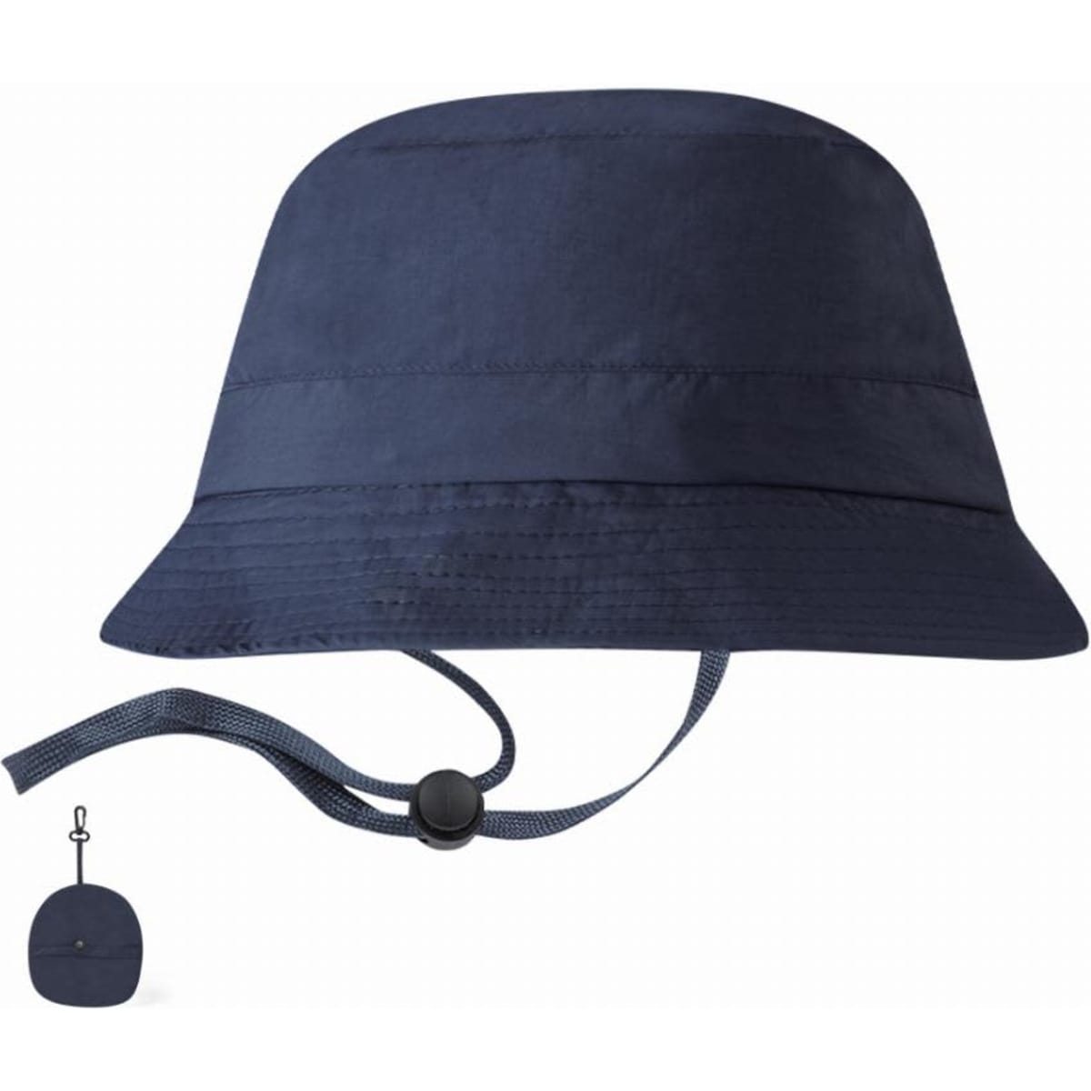 A bucket hat in navy blue with a chin strap, featuring a logo. It can be folded for easy storage.