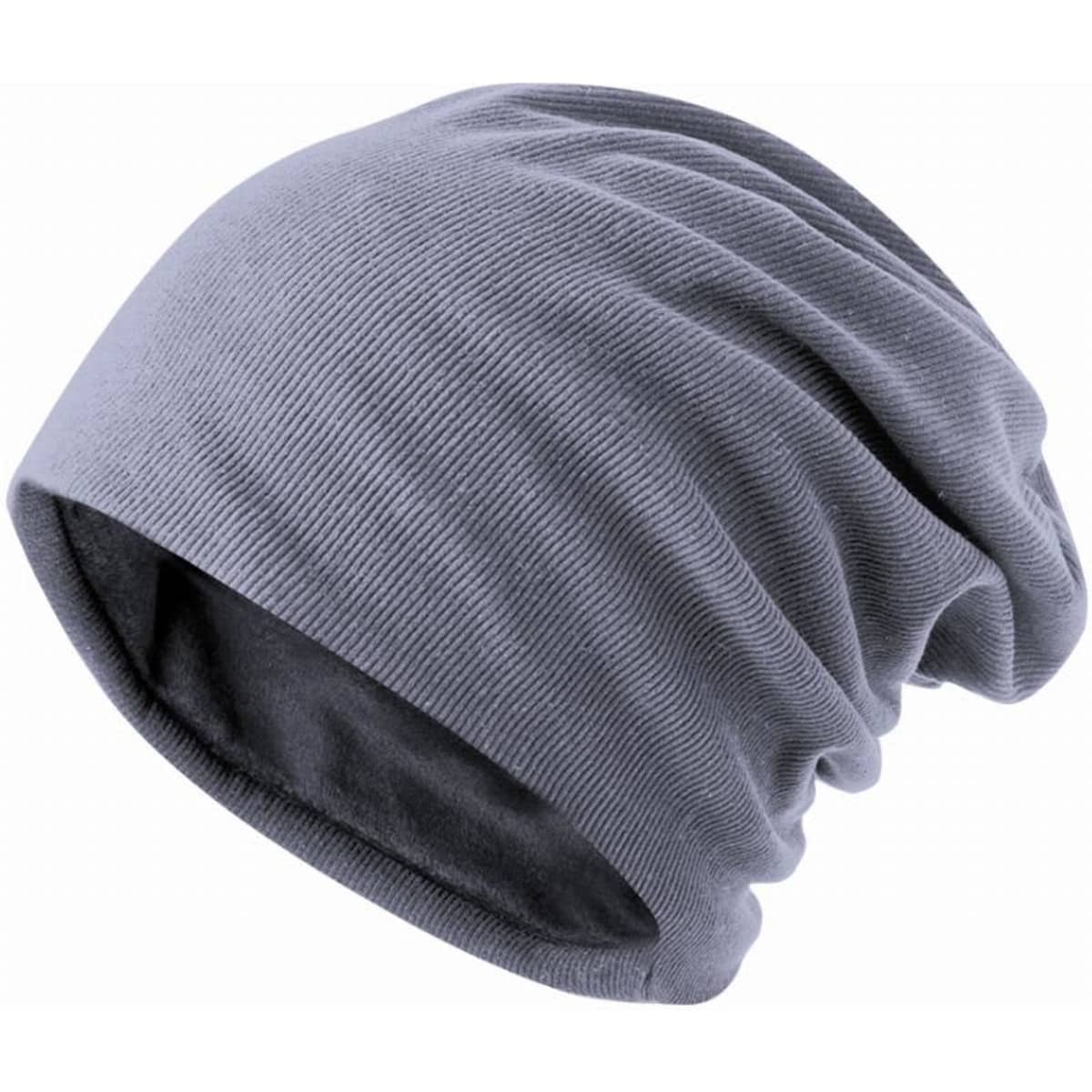 A beanie hat in a soft grey fabric, featuring a slouchy design. It has an inner lining for added comfort.
