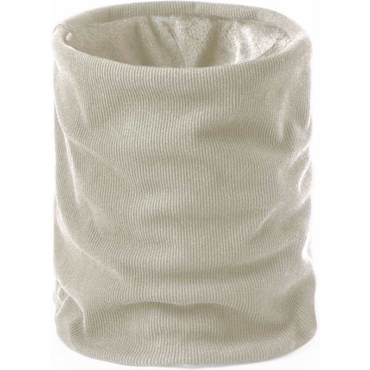 A fabric snood in a light beige colour, featuring a ribbed texture. It has a simple, unembellished design.