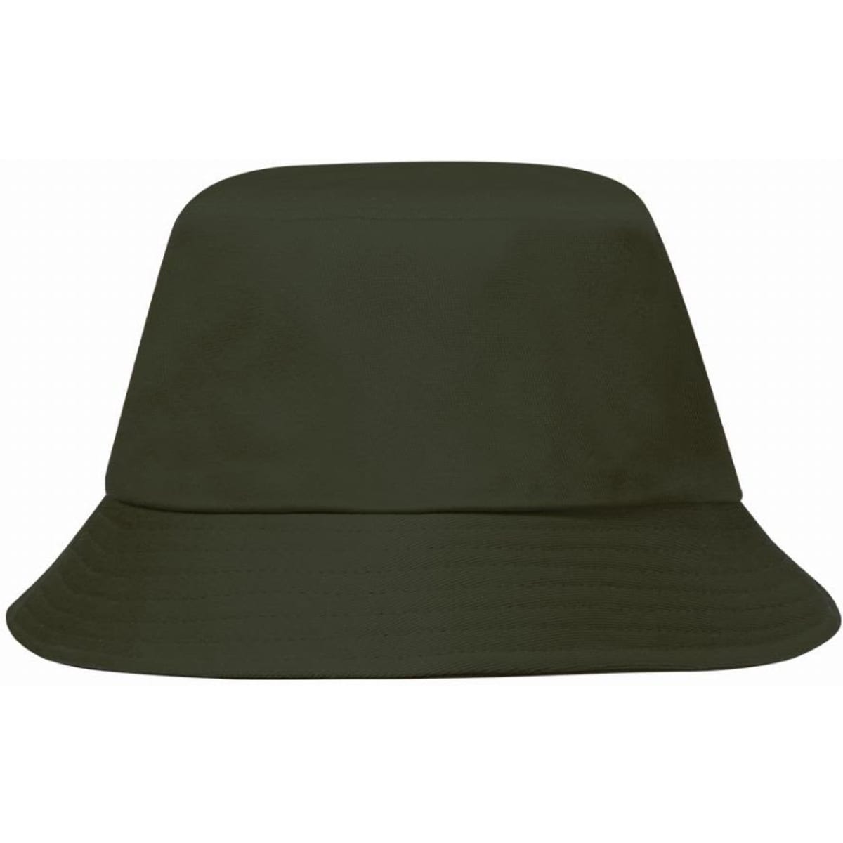 A bucket hat in dark green featuring a wide brim and a simple design. It has a smooth texture and no visible logos.