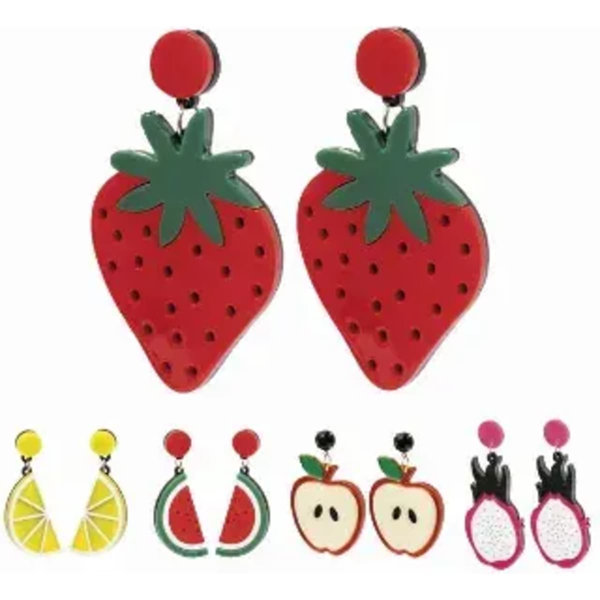 A pair of strawberry-shaped earrings in red and green, accompanied by other fruit-themed earrings in yellow and pink.