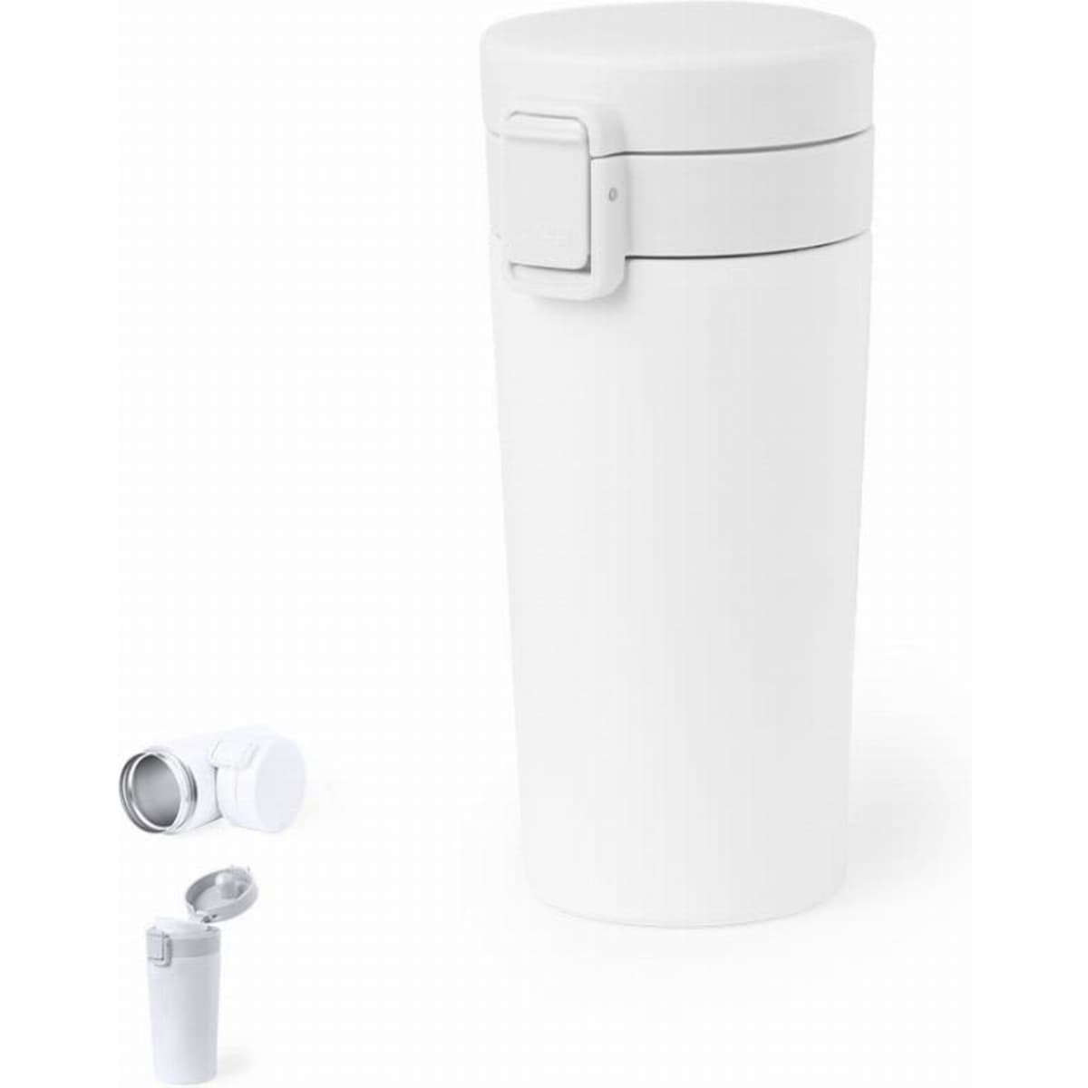 A drink bottle in white with a secure lid and a removable inner section for easy cleaning.