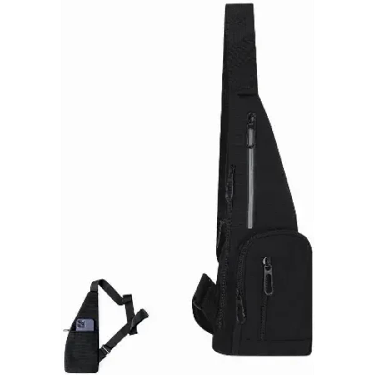 A black sling bag with multiple zippered pockets and a sleek design. It features a logo on the side.