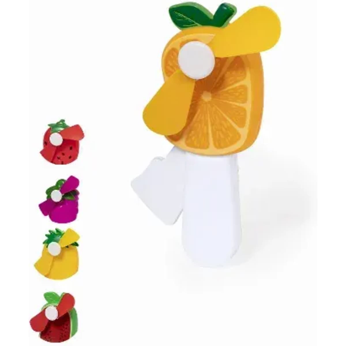 A fruit-shaped fan in orange with a green leaf, along with red, pink, and yellow versions displayed beside it.