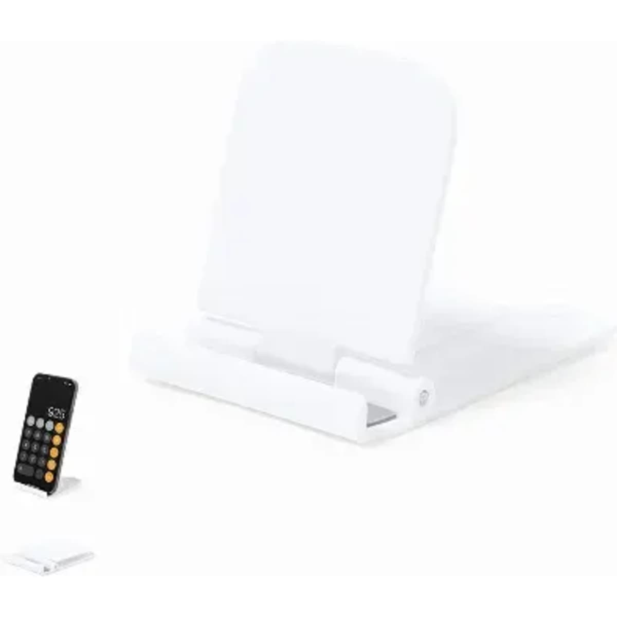 A phone stand in white, featuring a sleek design and a compact form, holding a mobile device at an angle.