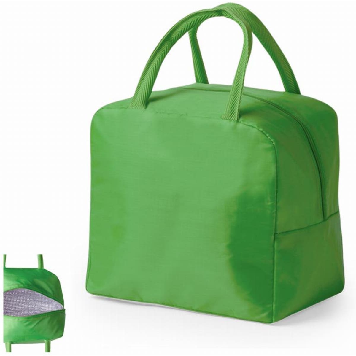 A green insulated bag with two handles and a zip closure, featuring a mesh side pocket.