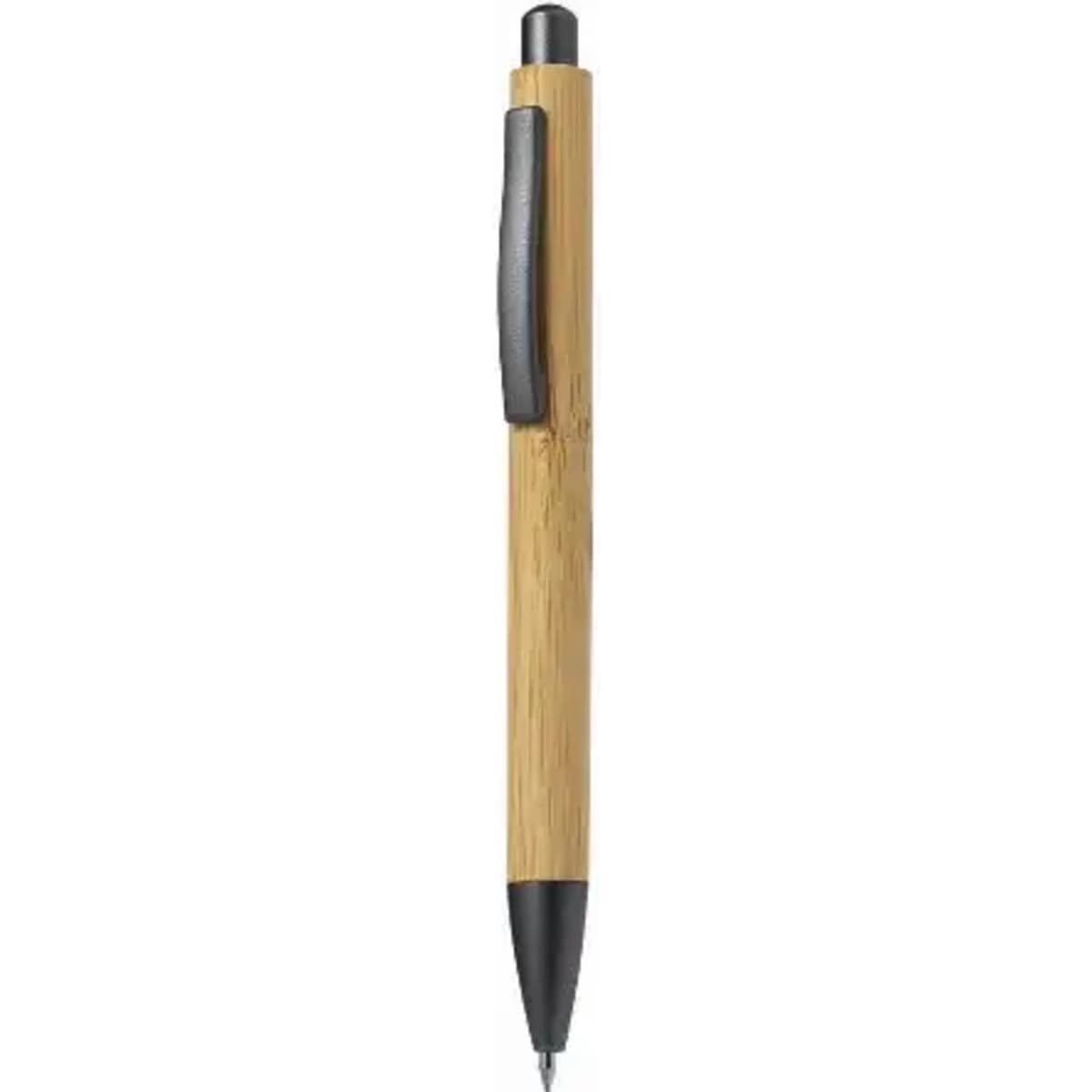 A bamboo ballpoint pen with a black tip and clip, featuring natural wood tones.