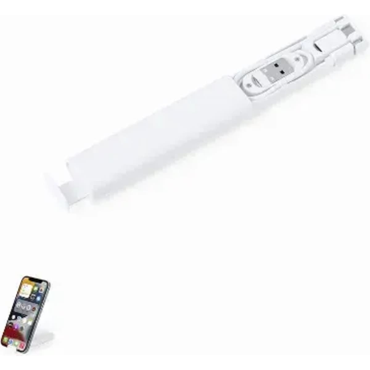A white product featuring a compact design with a hidden charging cable for mobile devices. Includes a logo.