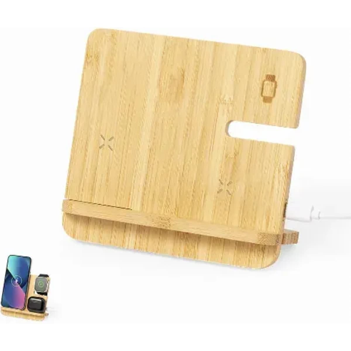 A bamboo charging stand with slots for phones and a camera, featuring a sleek, natural finish.