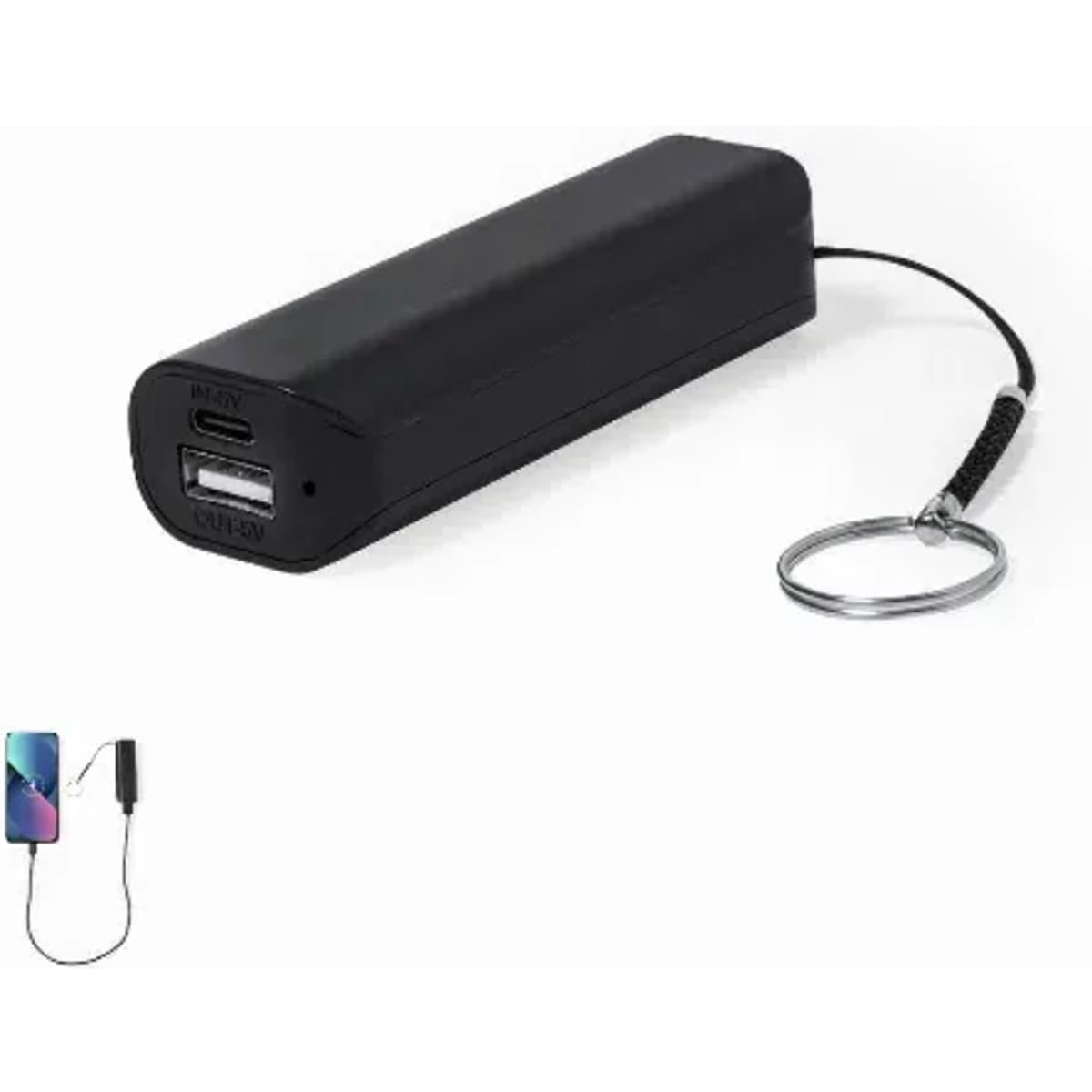 A portable power bank in black, featuring USB and USB-C ports with a keychain attachment.