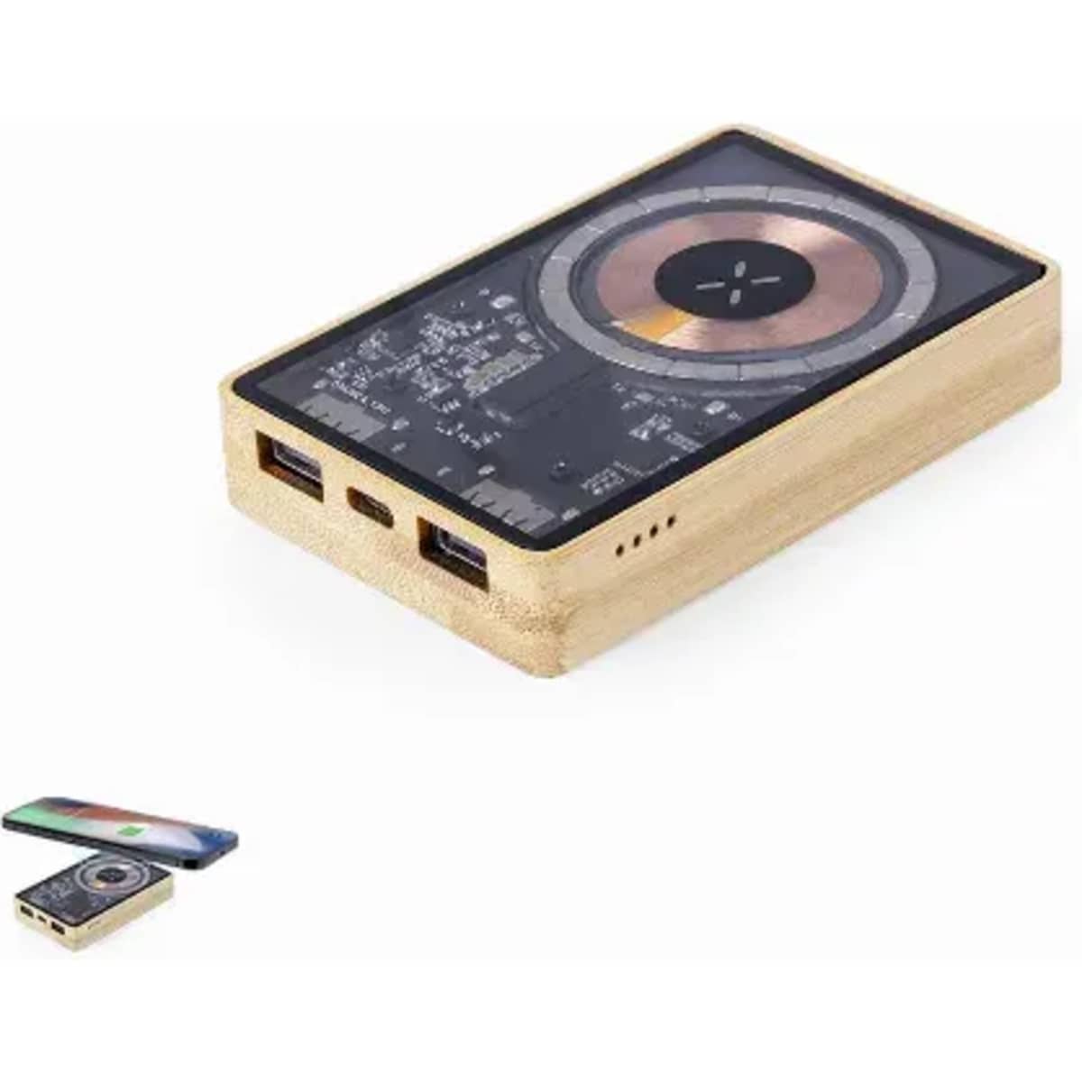 A sleek, wooden power bank with multiple USB ports and a round design element on the front. It features a logo.
