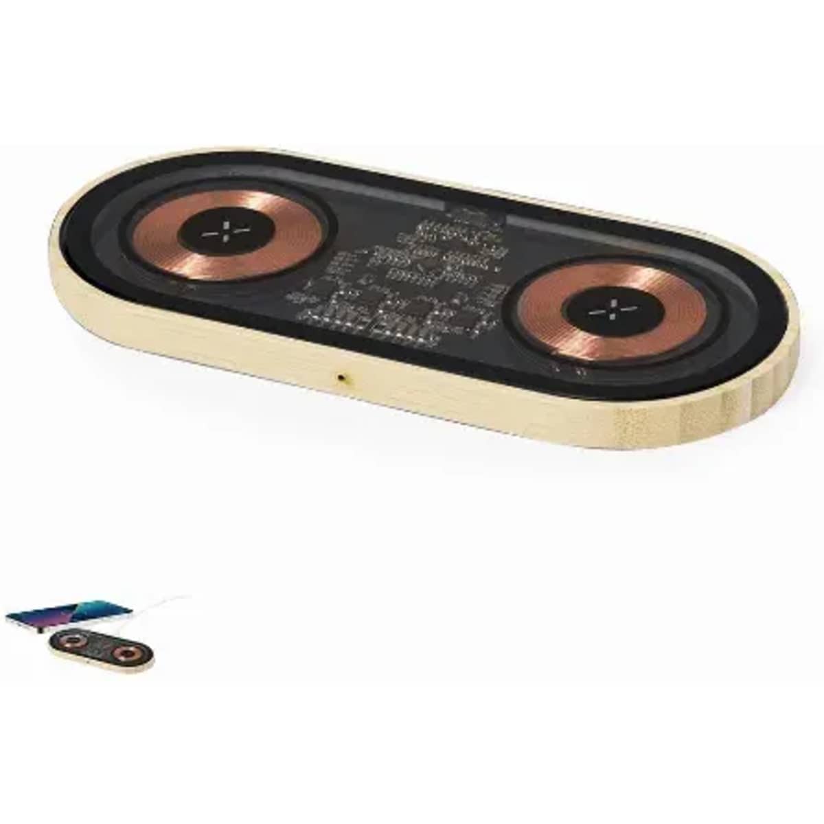 A wooden wireless charger with two circular charging pads, featuring a sleek black surface. It has branding displayed on top.