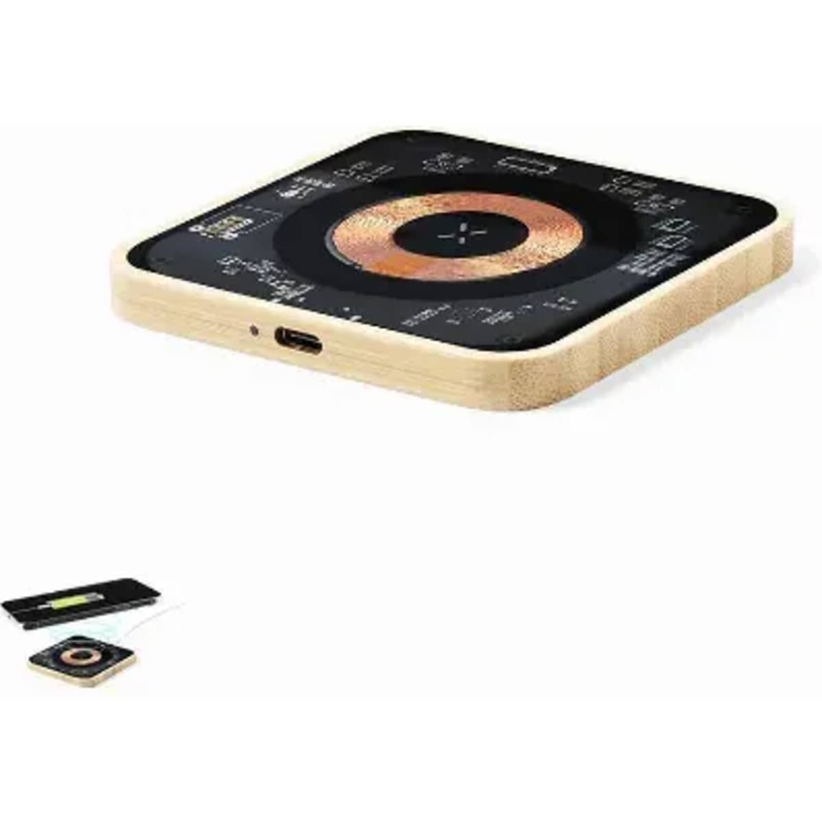 A square wireless charging pad with a wooden base and a black top featuring a circular gold design and various connectors.