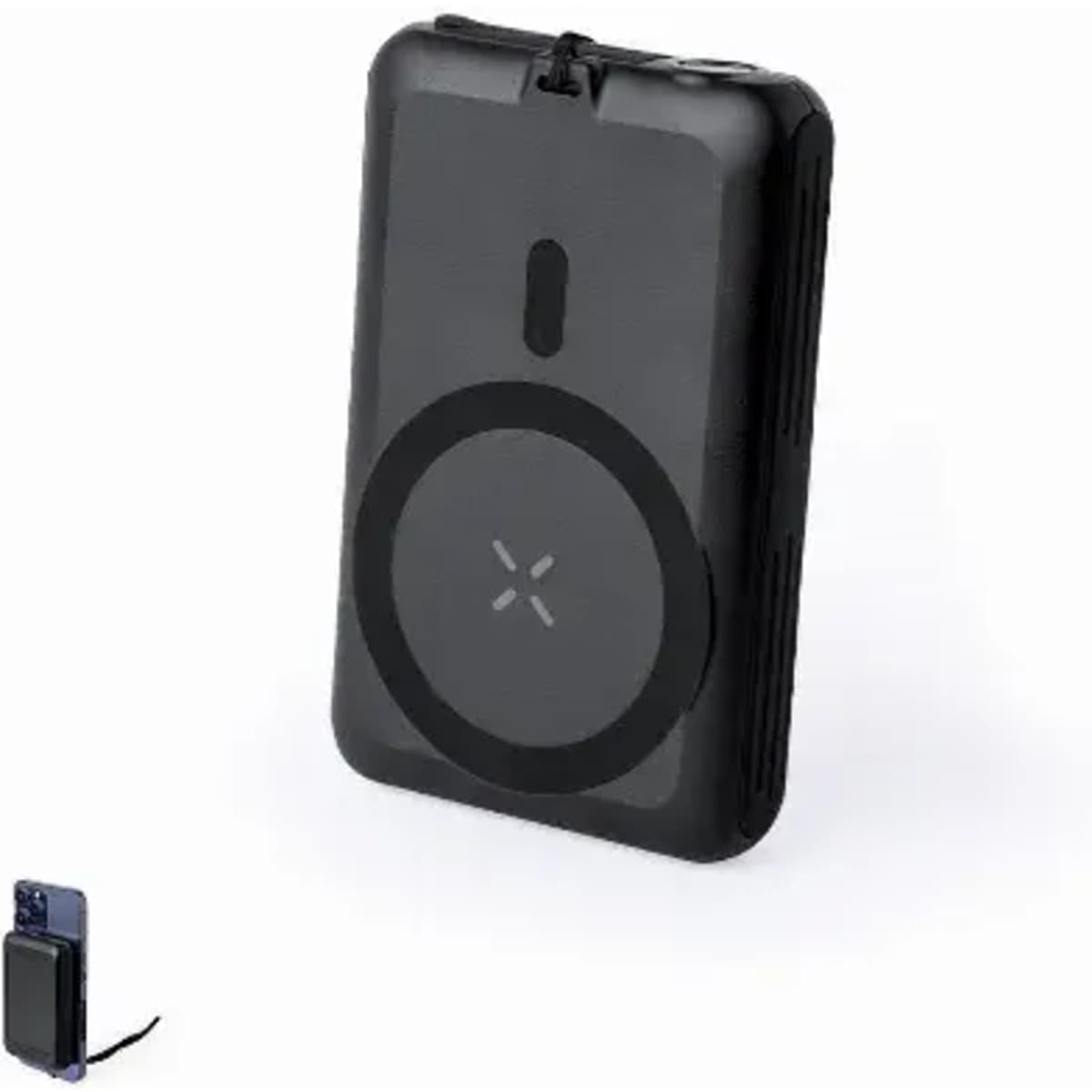 A portable charger in black with a circular design and a logo, designed for wireless phone charging.