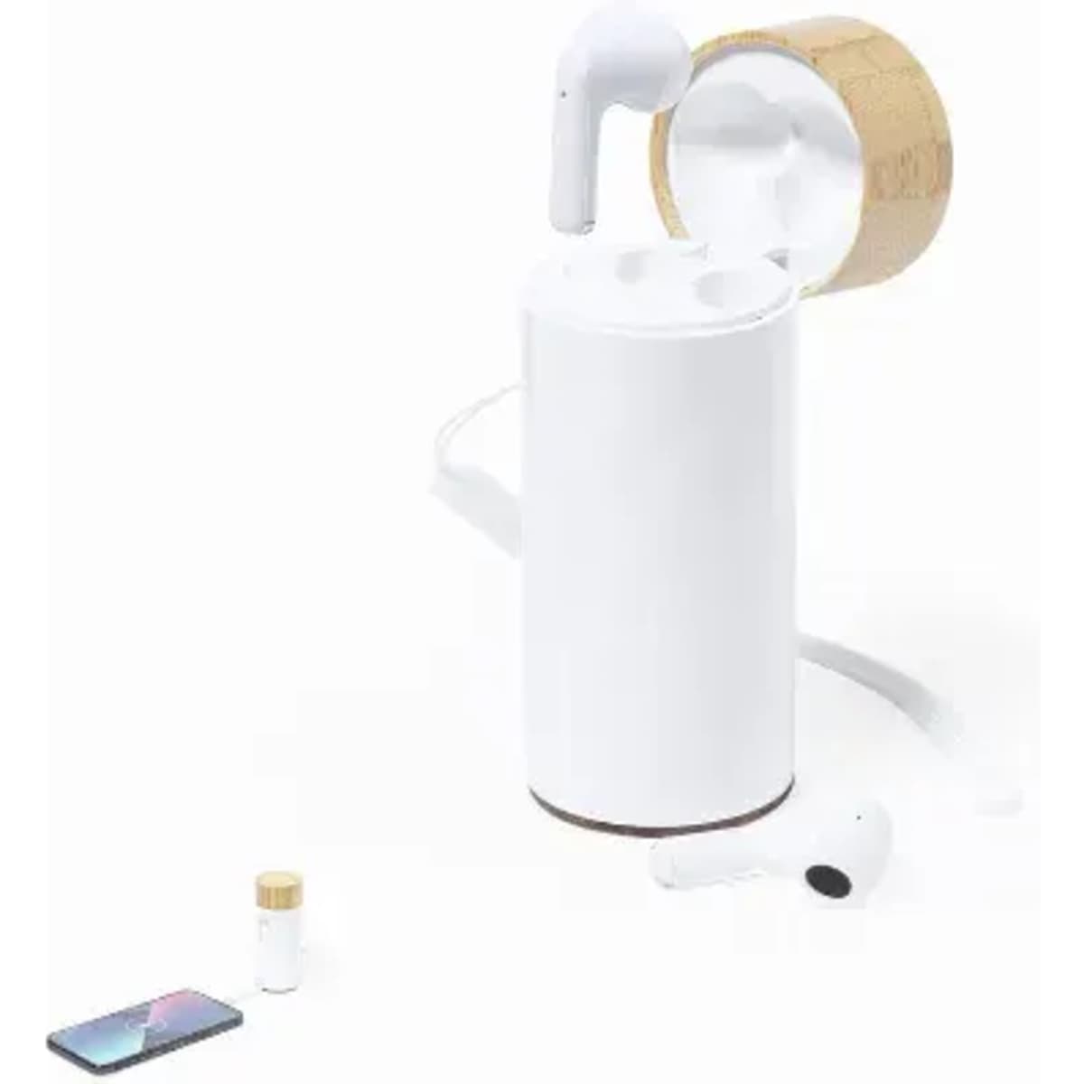 A white drink bottle with a wooden lid, alongside wireless earphones and a smartphone. The bottle has a logo.