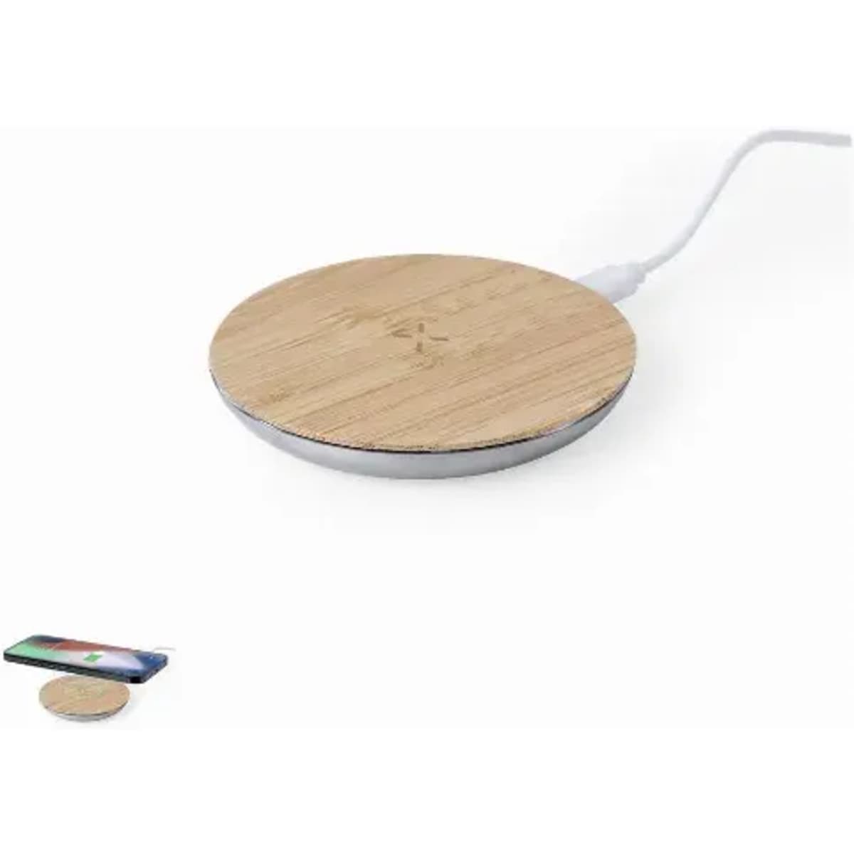 A wireless charger featuring a circular bamboo surface with a silver base. It includes a charging cable.