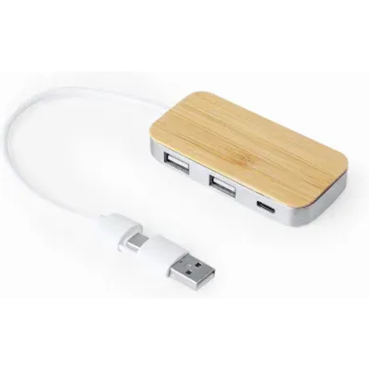 A USB hub with a bamboo top, featuring three USB ports and one USB-C port, connected by a white cable.