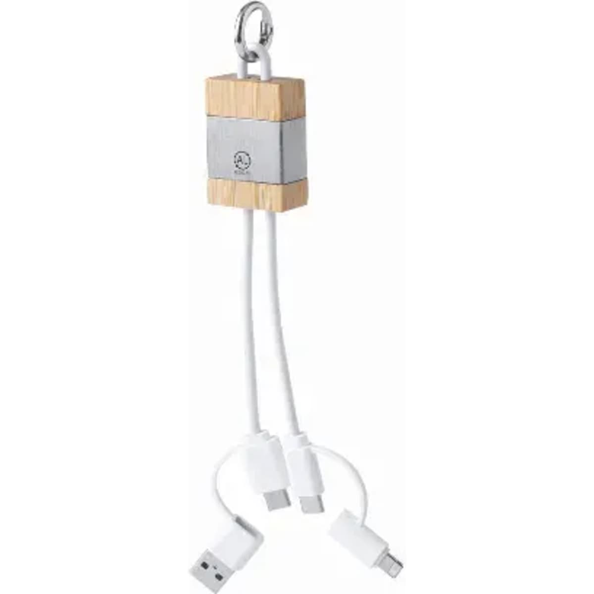 A multi-cable charger with a wooden centre and two white charging cables. It features a carabiner for attachment.