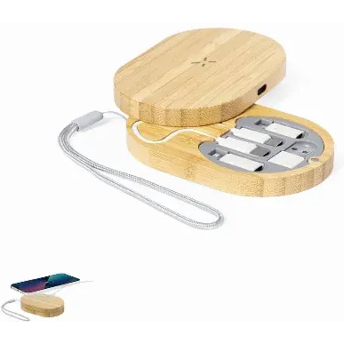 A bamboo power bank with a compact design, featuring several charging ports and a USB cable.