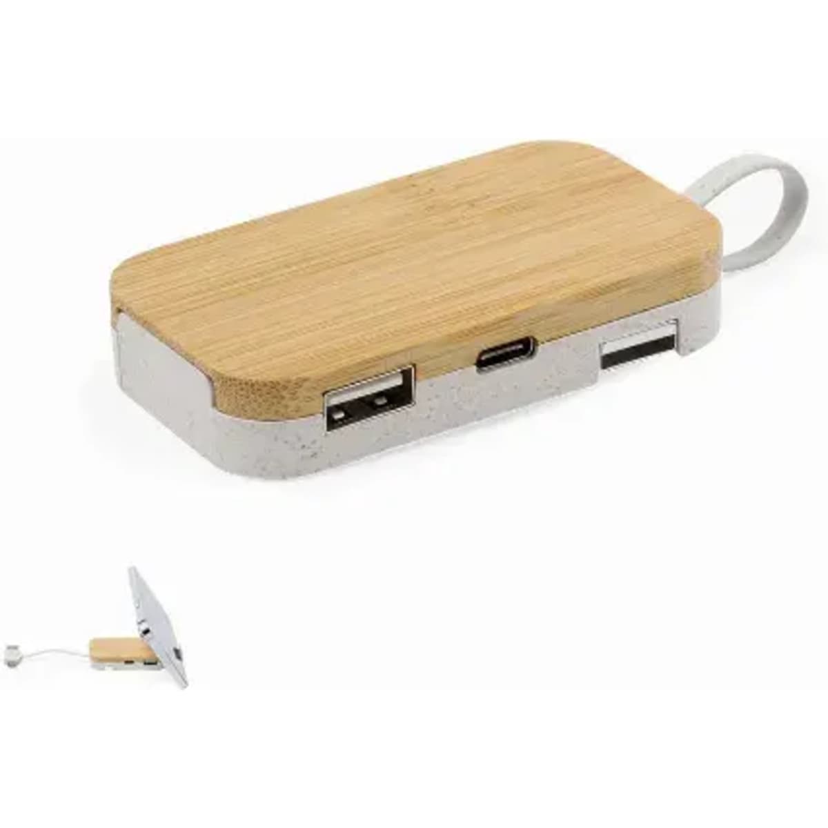 A rectangular charging hub with bamboo top and silver body, featuring USB and USB-C ports.