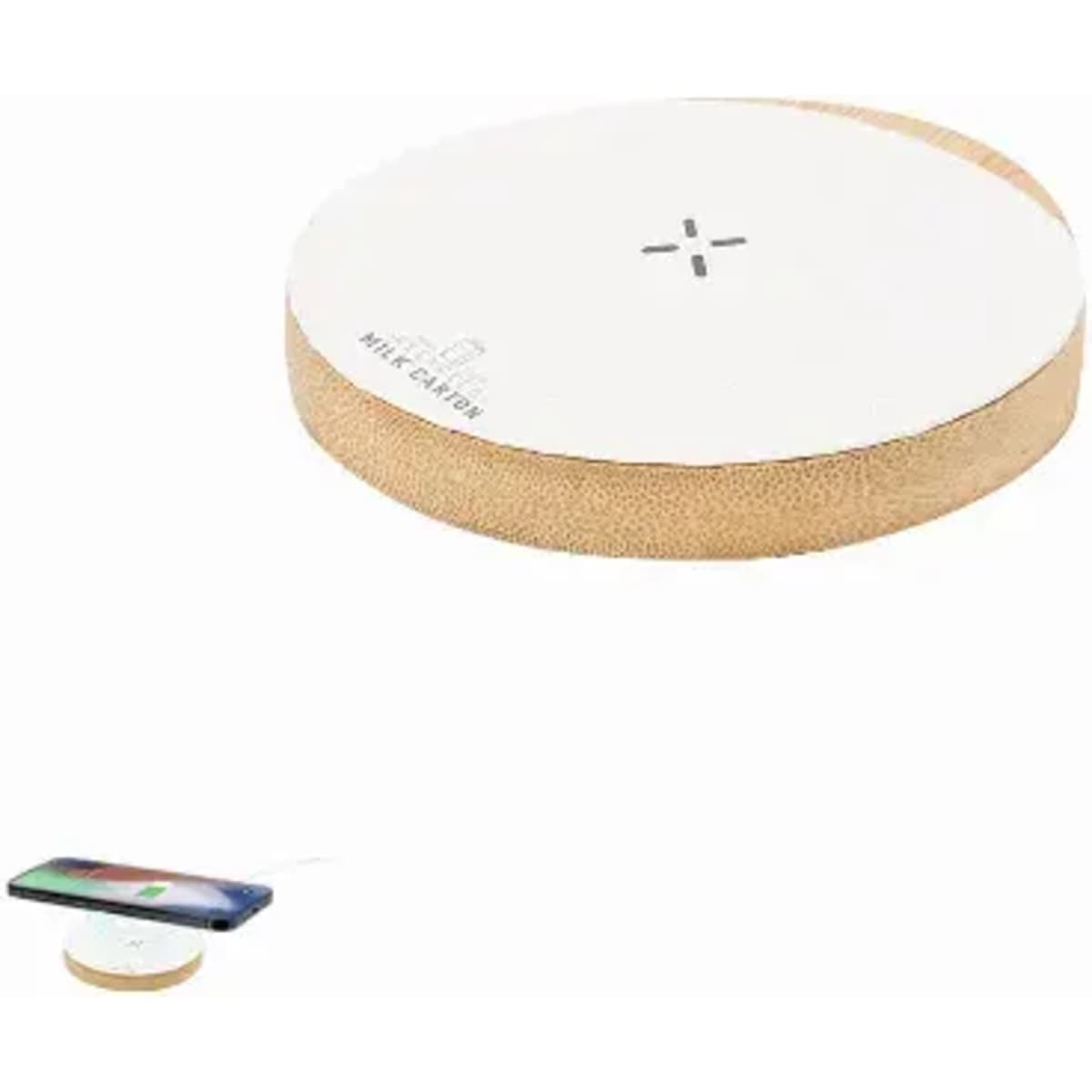 A wireless charger featuring a round design with a white top and a natural wood base, sporting a logo.