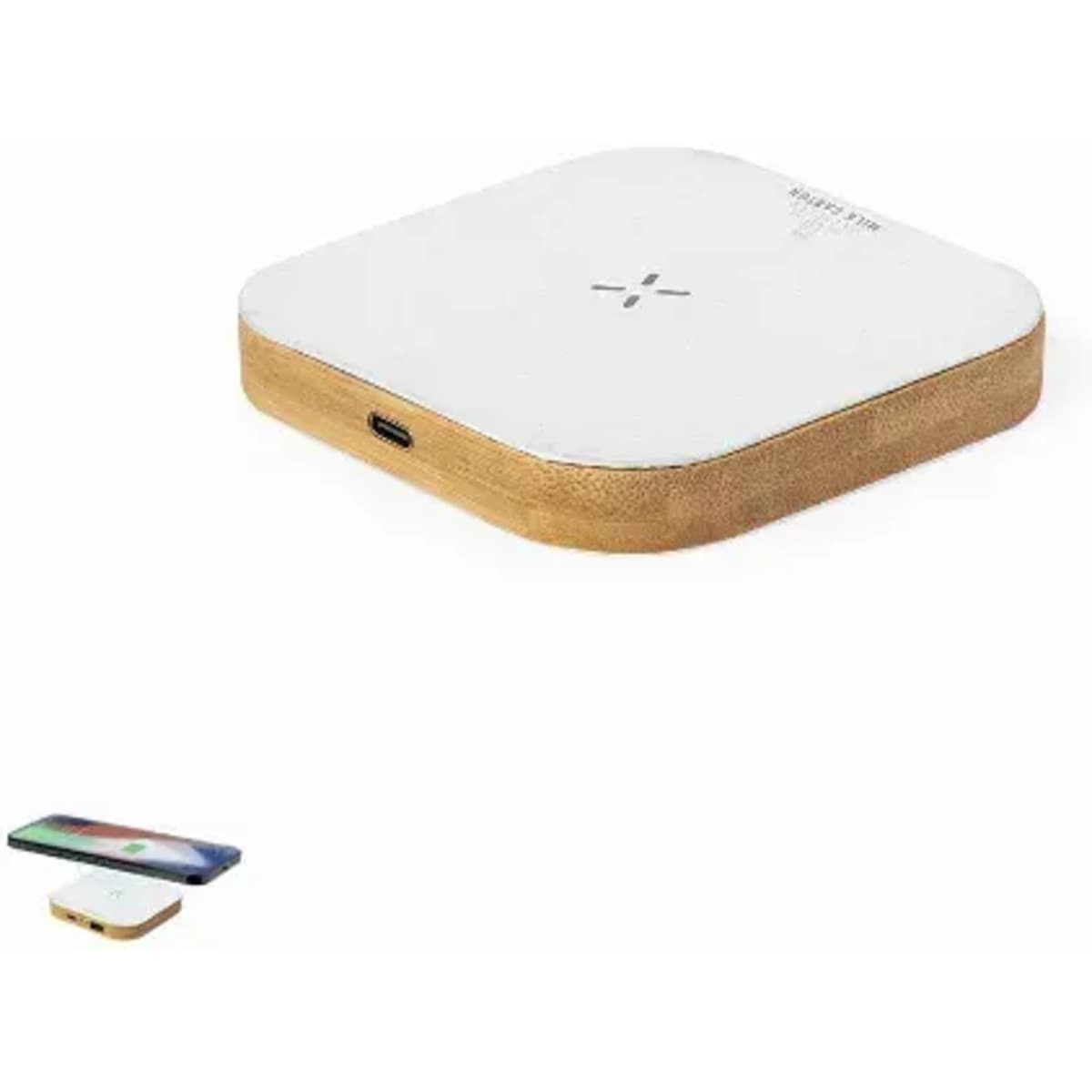 A wireless charger with a sleek white top and a gold base, featuring a USB-C port. It has a minimalist design.